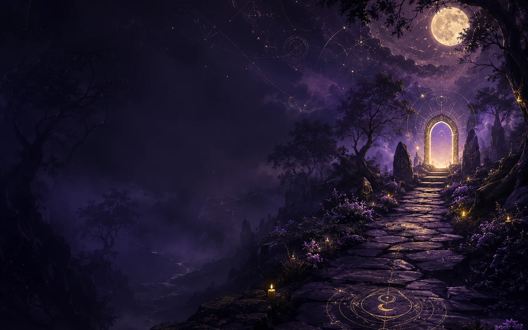 A solitary figure walking a luminous path through a vast purple and gold cosmic landscape