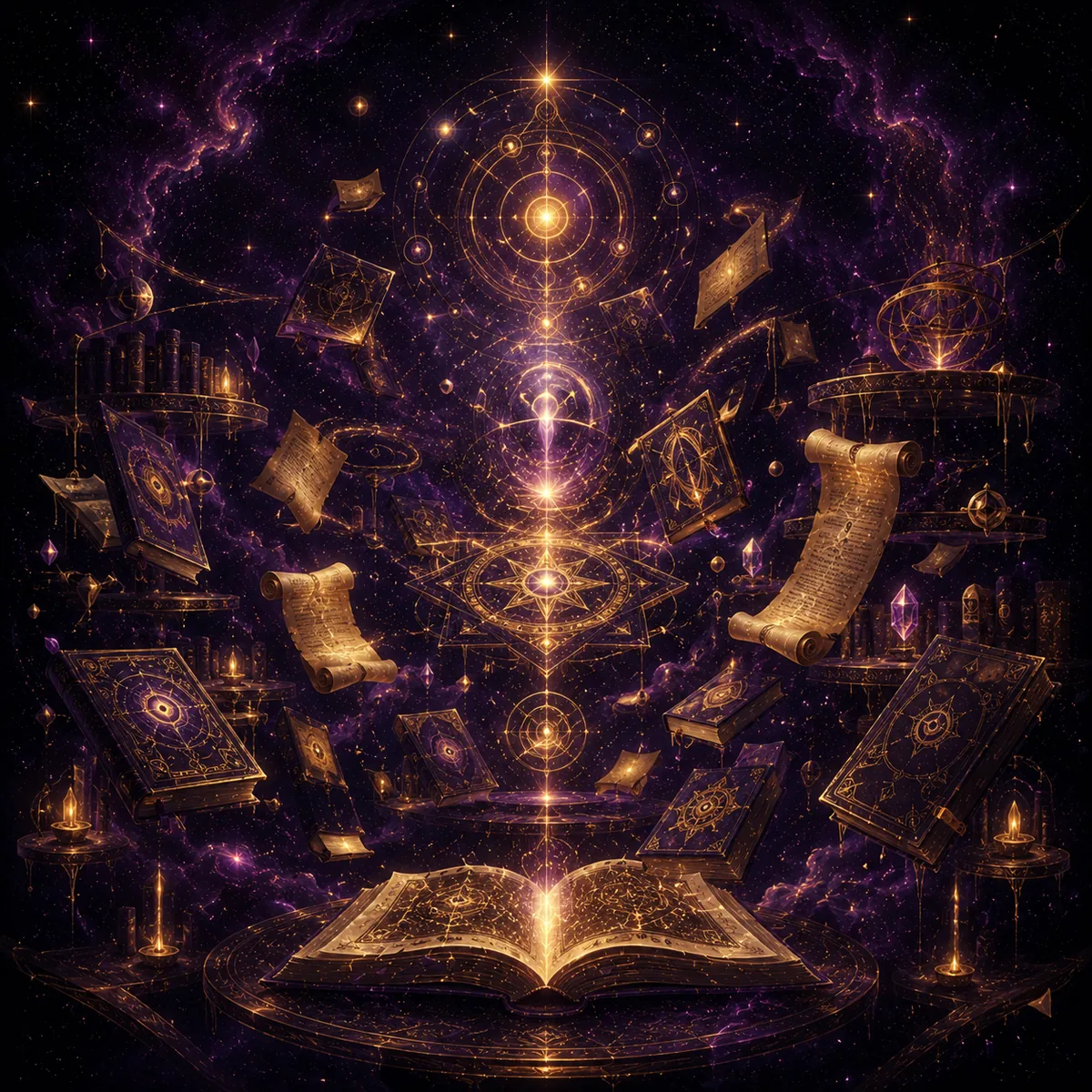 An illuminated study filled with books, candles, celestial instruments, and golden mystical light