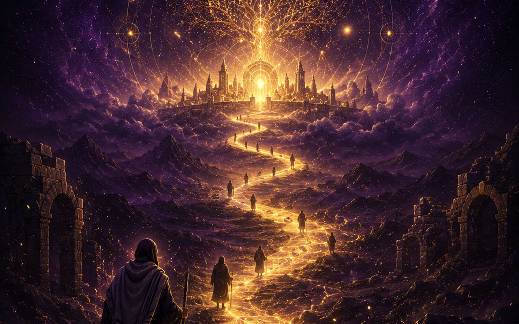Pilgrims traveling from ruins toward a luminous cosmic city beneath a Tree of Life