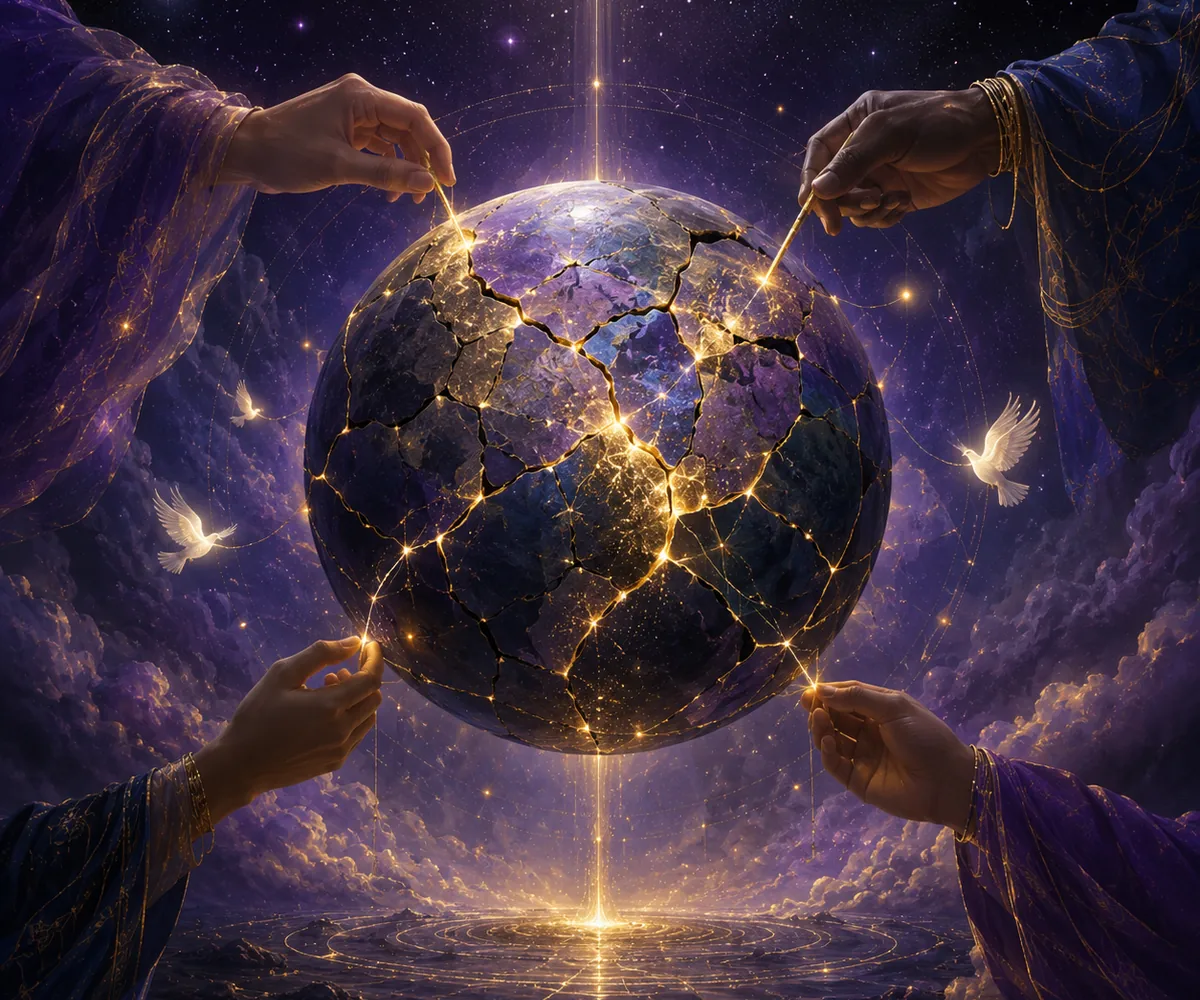 Many hands repairing a cracked world with threads of golden light