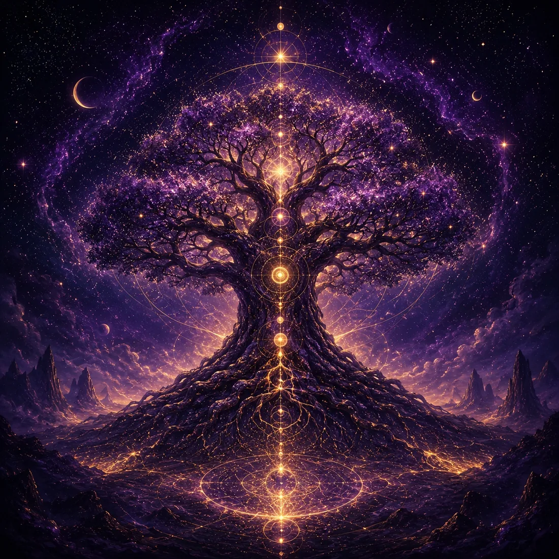 A luminous cosmic Tree of Life rooted in purple and gold starlight