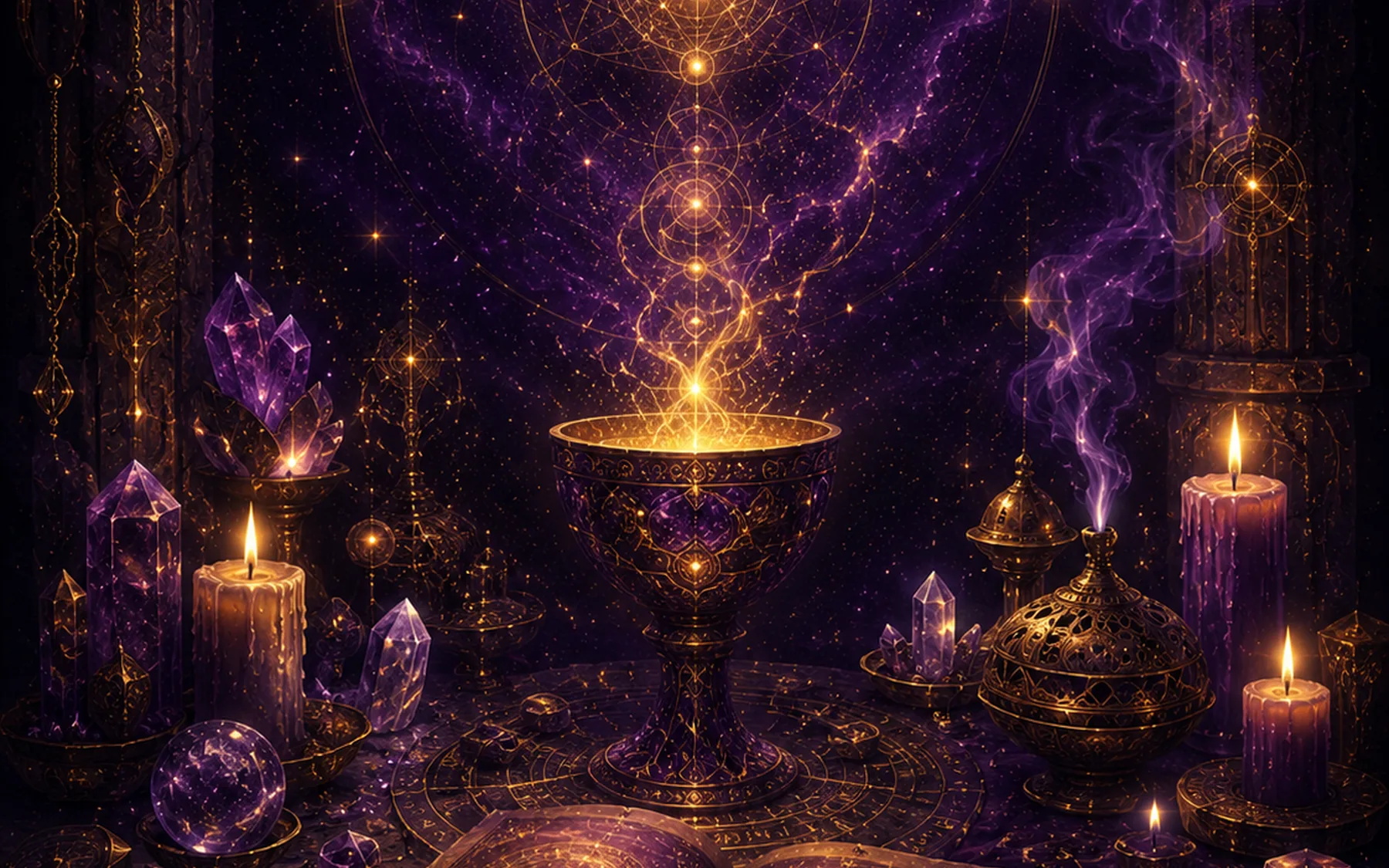 A mystical Dreamist altar with candles, crystals, sacred geometry, incense, and an open book