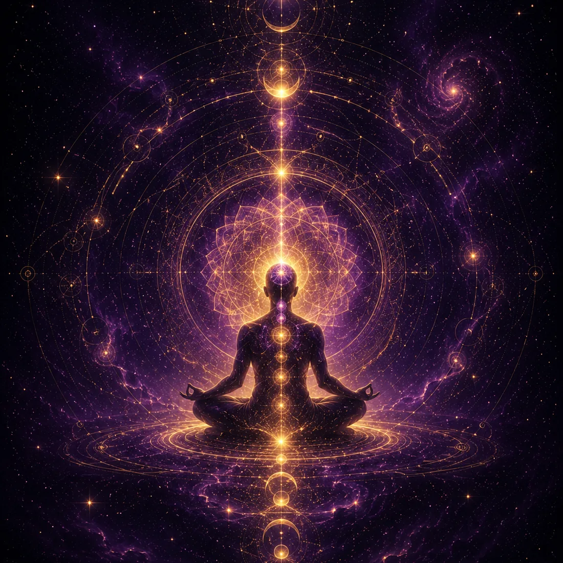 A meditating figure surrounded by luminous purple and gold sacred geometry