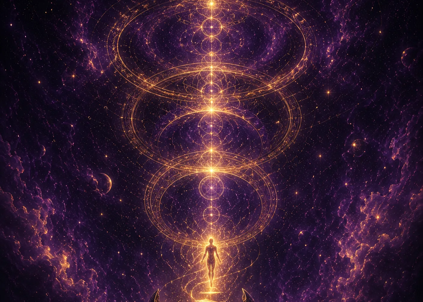 A luminous figure rising from a cracked vessel toward rings of golden cosmic light
