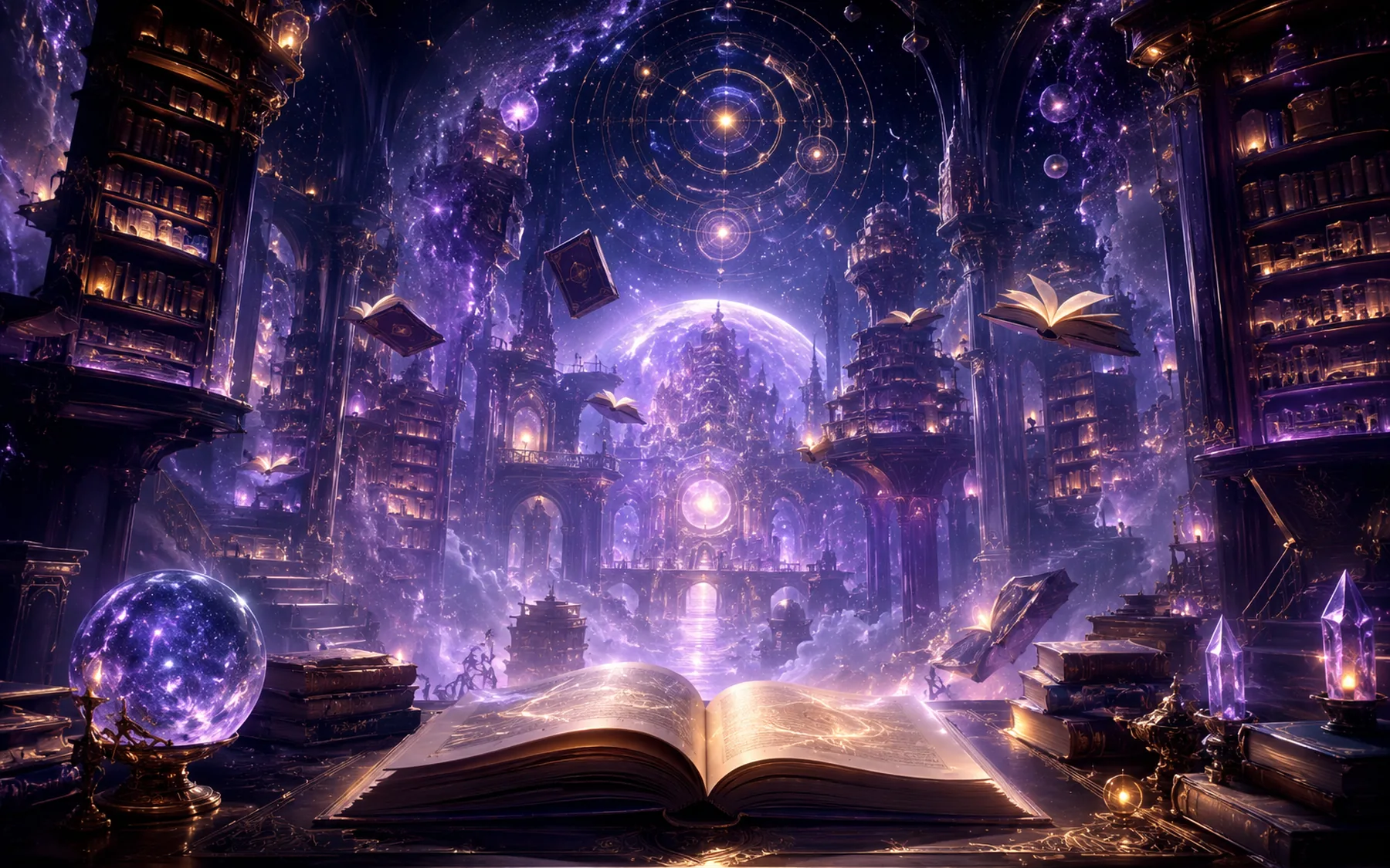 A vast purple cosmic library with open books and luminous constellations