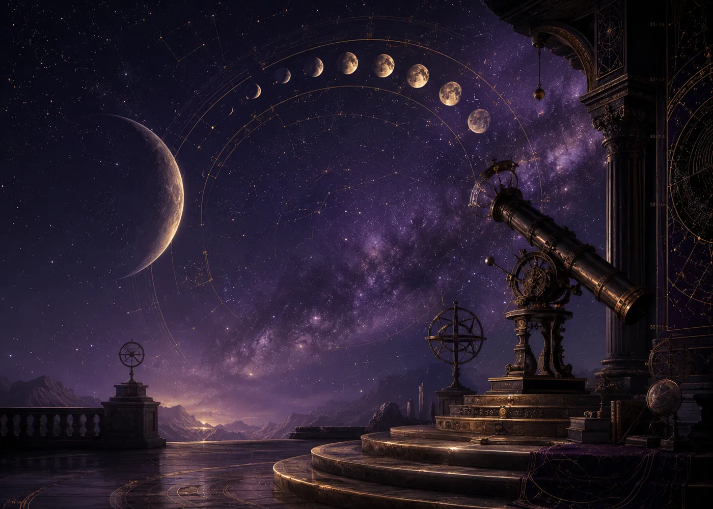 A celestial observatory beneath lunar phases, planets, and a luminous purple sky