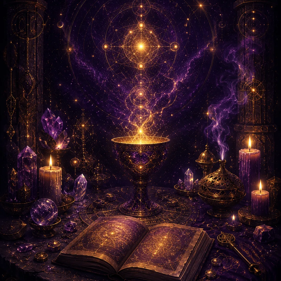 An open illuminated book resting on a mystical altar beneath golden sacred geometry