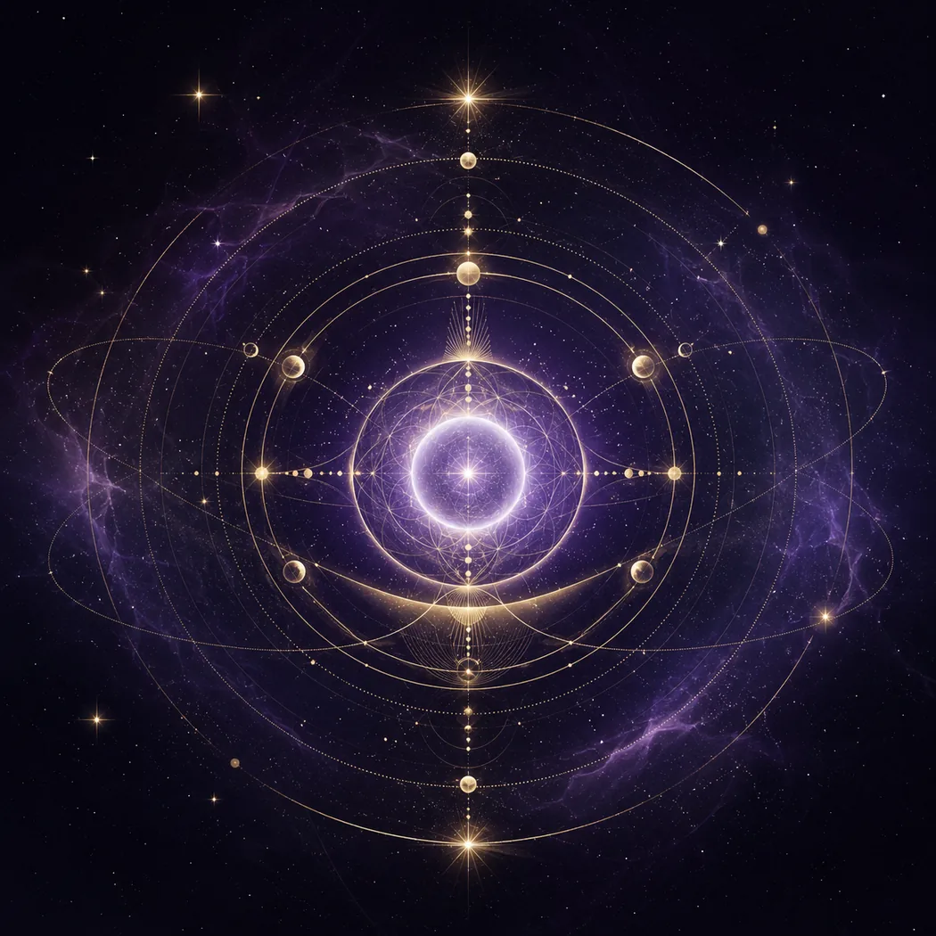 A luminous violet sphere suspended within concentric golden rings and celestial geometry