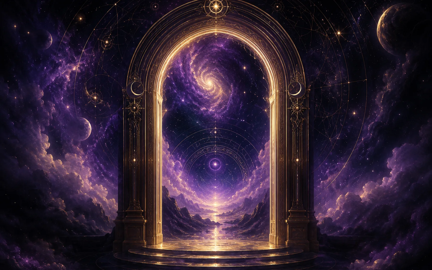 A luminous cosmic threshold opening into layers of purple and gold reality