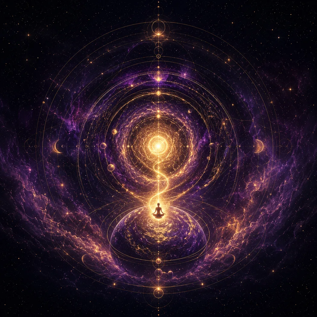 A meditating figure within a vast purple and gold field of sacred geometry