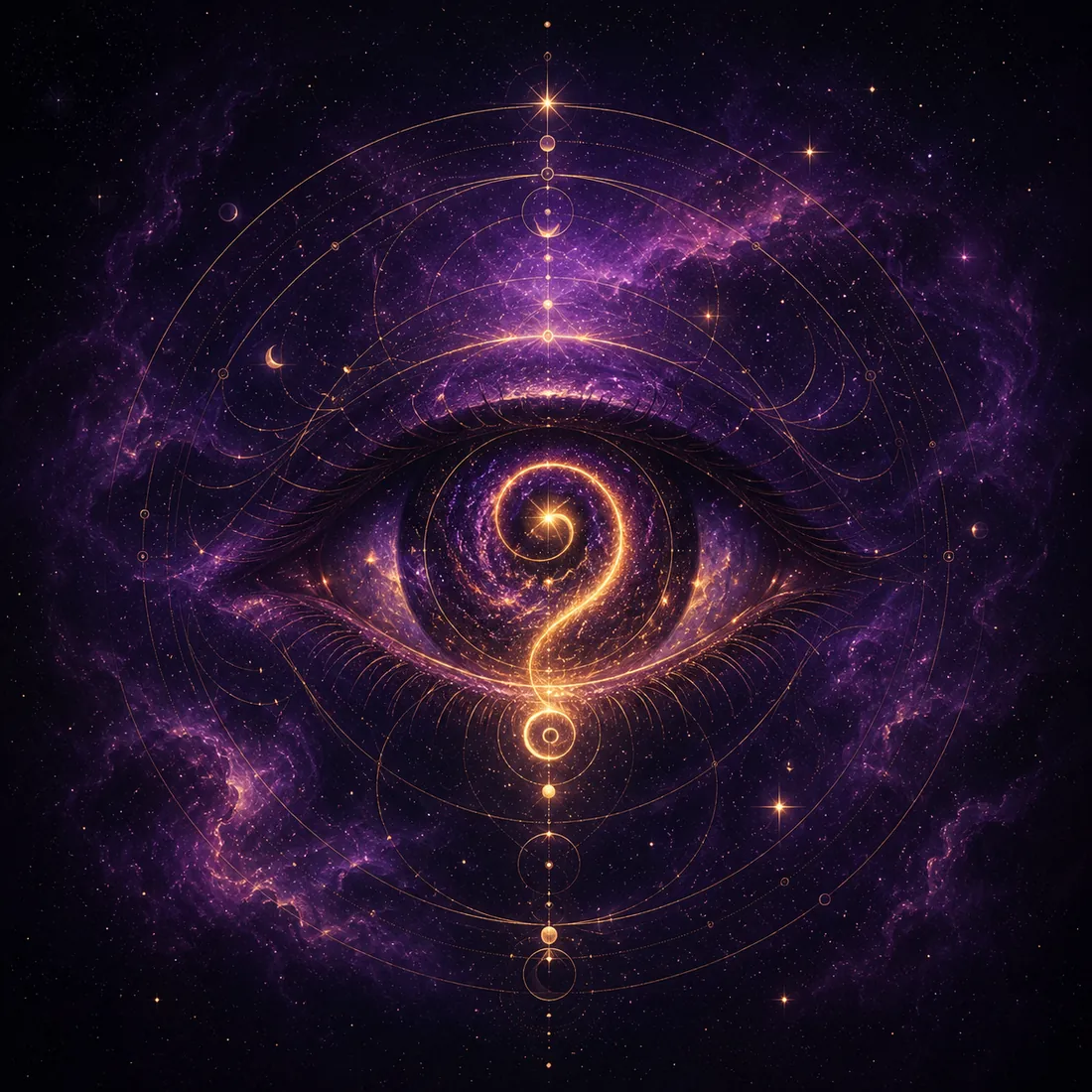 A luminous cosmic eye surrounded by golden geometry and celestial symbols