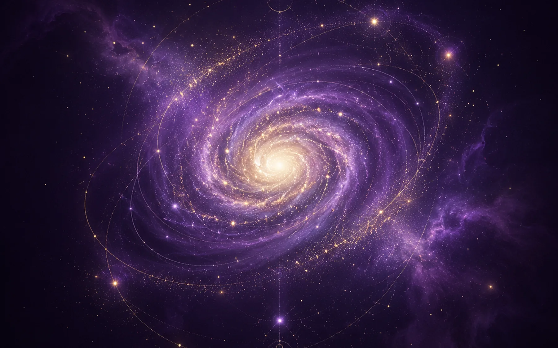 An ethereal cosmic frontier of spirals, celestial geometry, and distant light