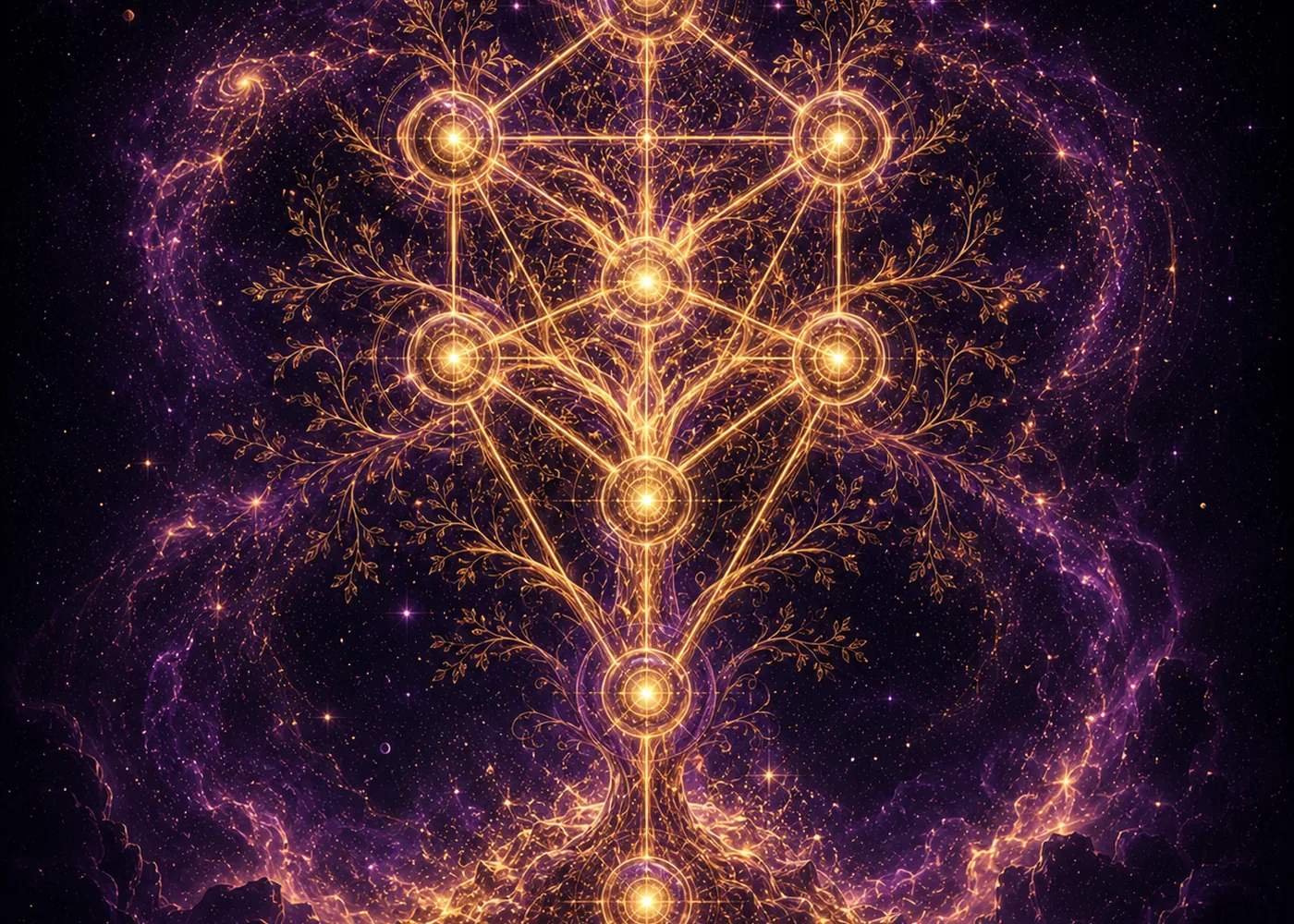 A luminous Tree of Life sigil floating within a purple cosmic field