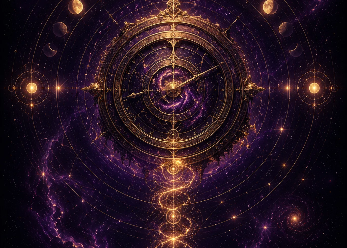 A celestial astrolabe with concentric golden rings, planets, and lunar symbols