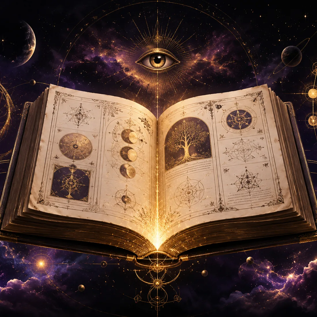 An open cosmic grimoire surrounded by an eye, planets, spirals, and sacred geometry