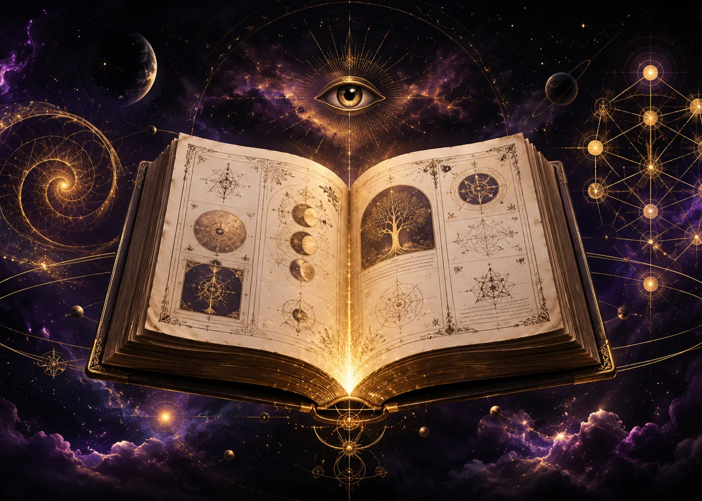 An illuminated mystical codex surrounded by purple light, Hebrew letters, and celestial symbols