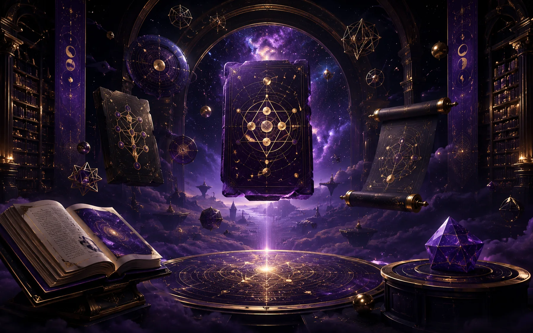 A vast mystical library of illuminated books, celestial arches, and golden pathways