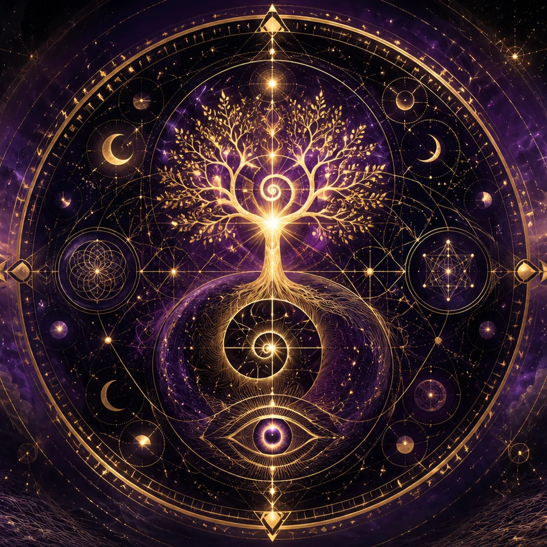 A luminous purple and gold mandala containing an eye, Hebrew letters, planets, and sacred geometry