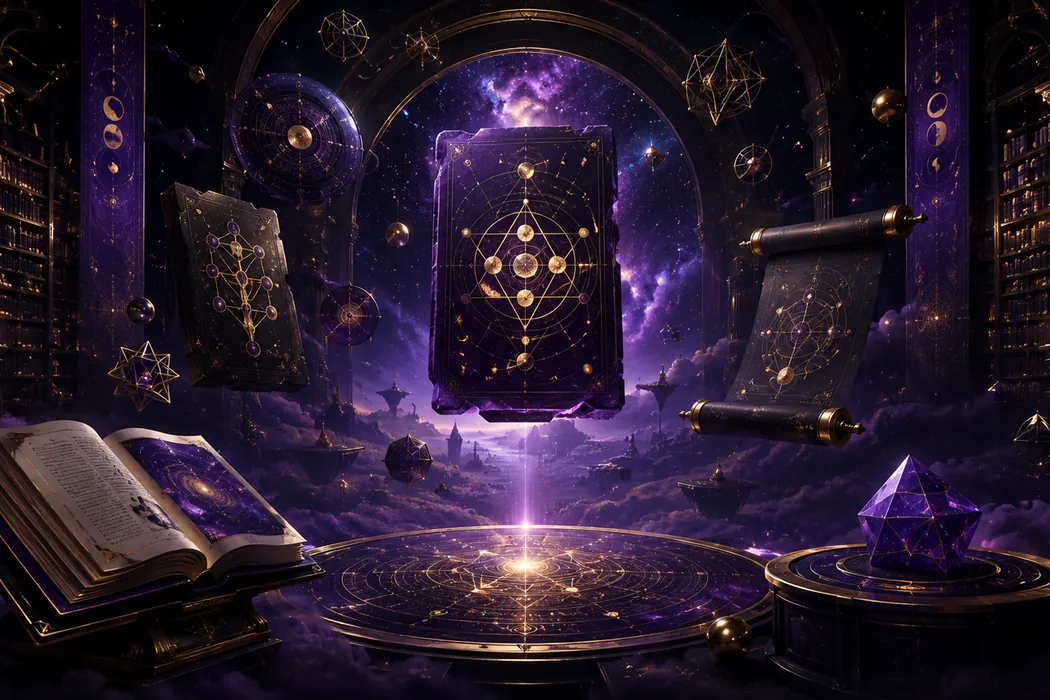 A celestial library of books, scrolls, symbols, and purple-gold creative light