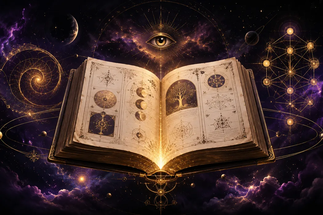An illuminated mystical book opening into a purple and gold cosmos