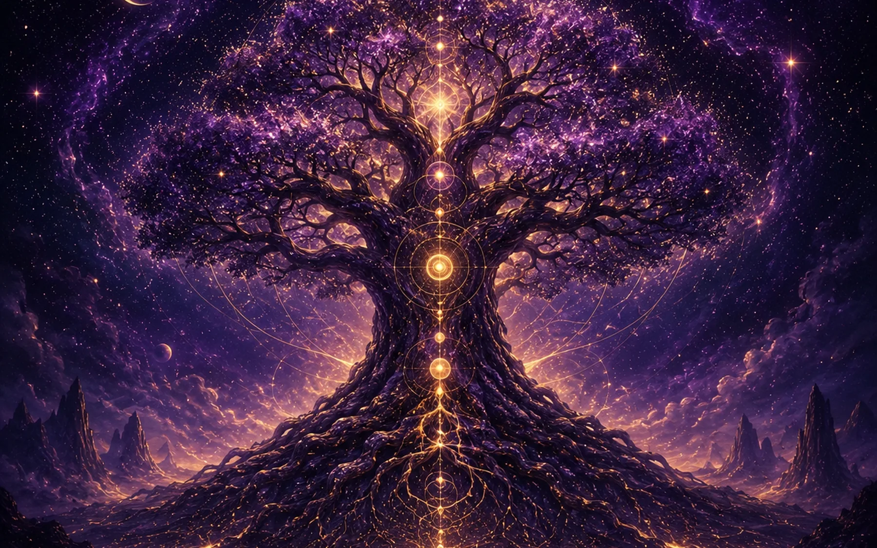 A luminous mystical gateway opening into a purple and gold cosmos