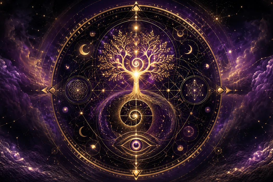 A purple and gold mandala containing a luminous tree, eye, spiral, and sacred geometry