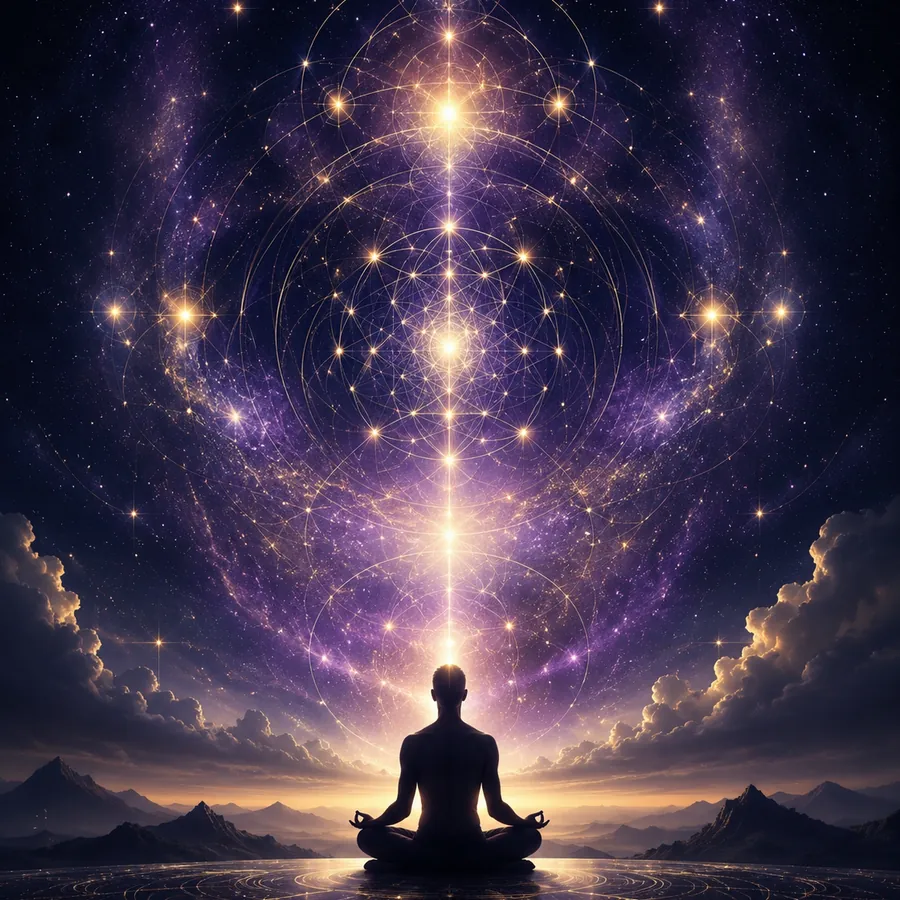A meditating figure beneath a column of purple and gold light