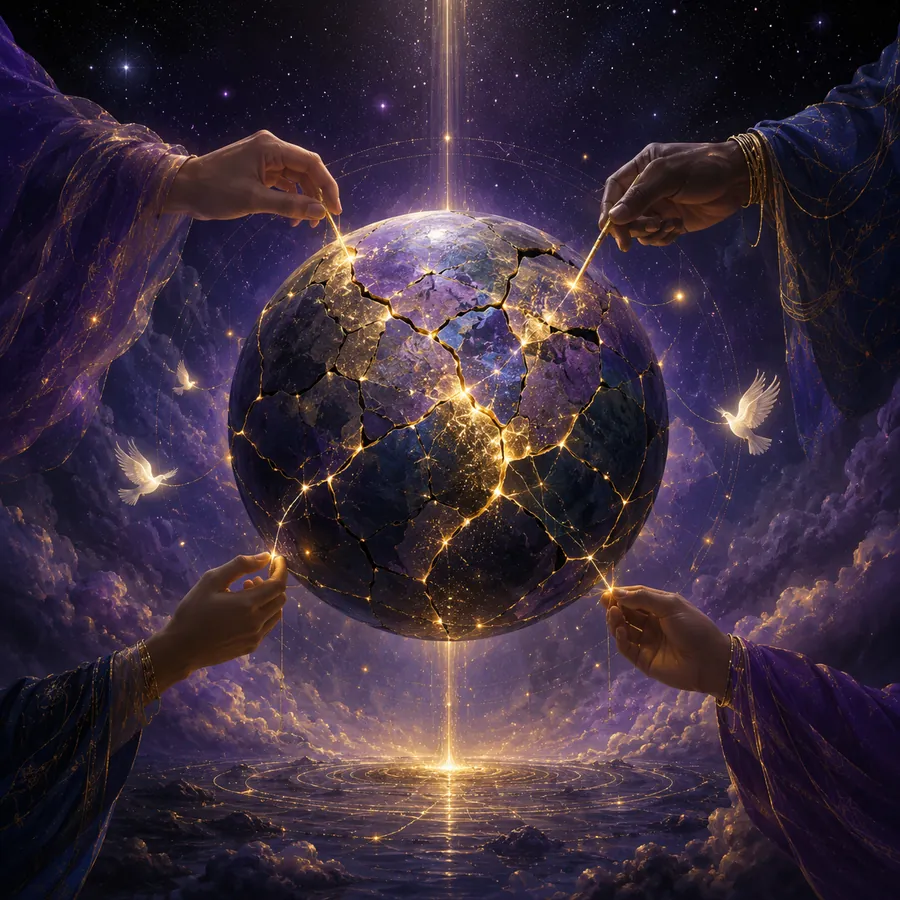 Hands repairing a fractured world with threads of golden light