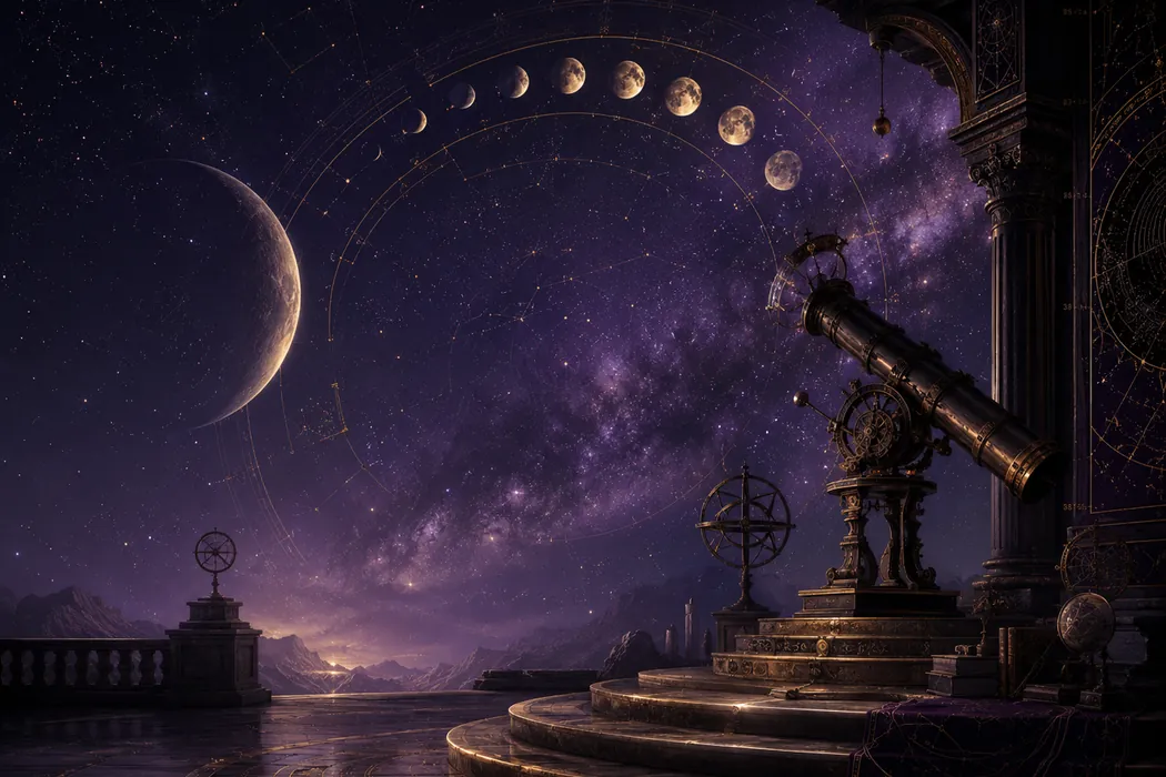 An ancient observatory beneath a moonlit cosmic sky