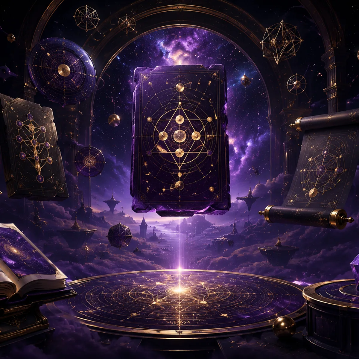 A celestial archive with floating books, scrolls, crystals, and a luminous gateway