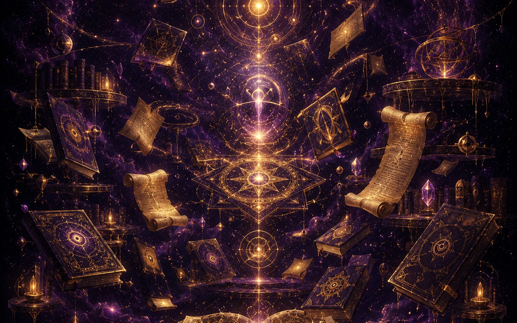 An astral archive filled with illuminated books, scrolls, geometry, and golden constellations