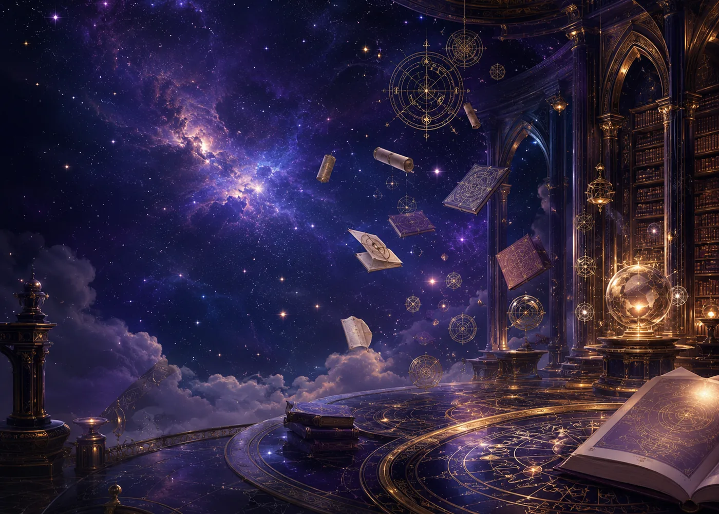 A starry observatory library with floating pages, celestial instruments, and an open book