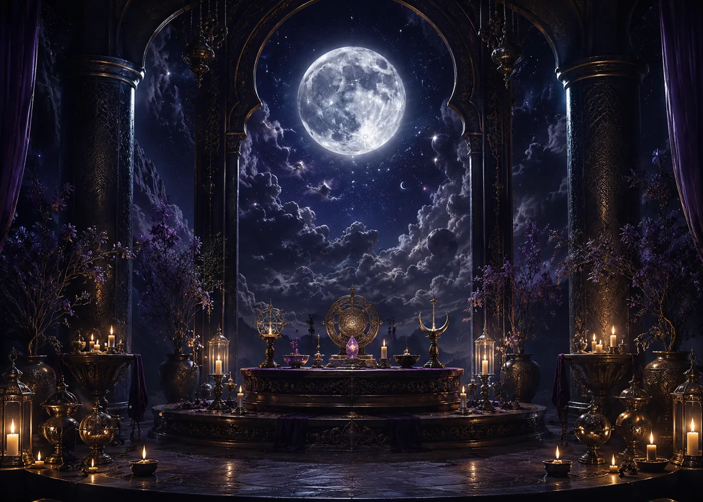 A moonlit sanctuary beneath a purple and gold celestial sky