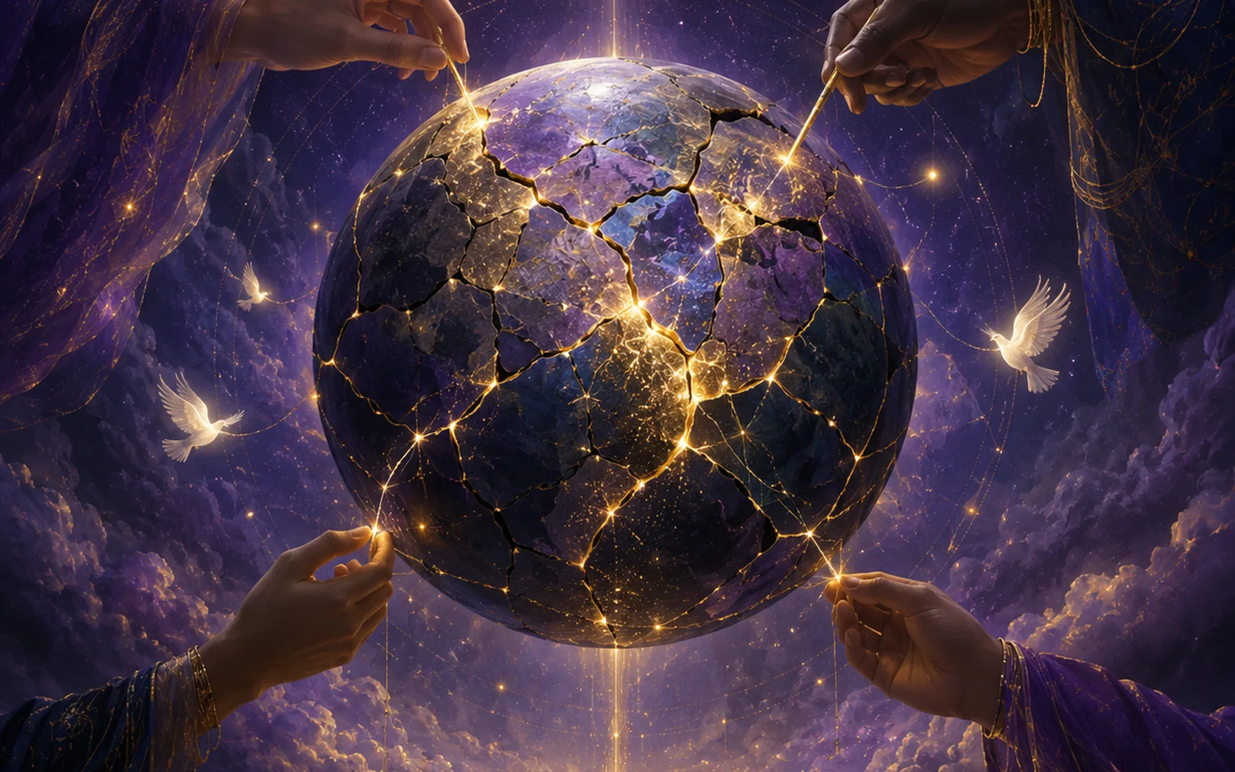 A fractured cosmic world being restored by many hands and golden threads