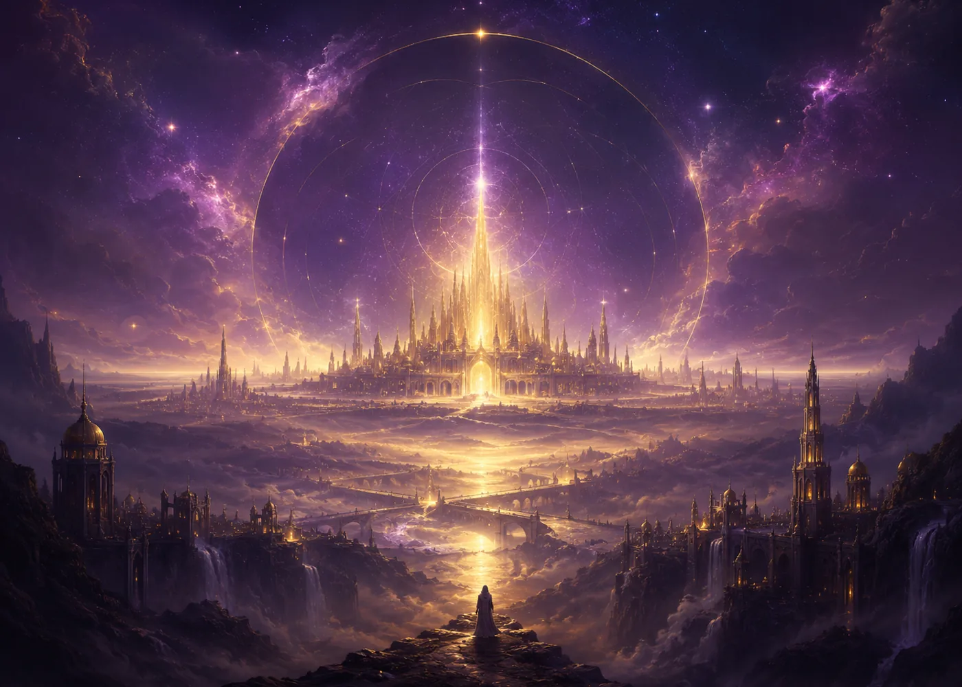 A luminous golden horizon opening beyond a purple landscape and distant community