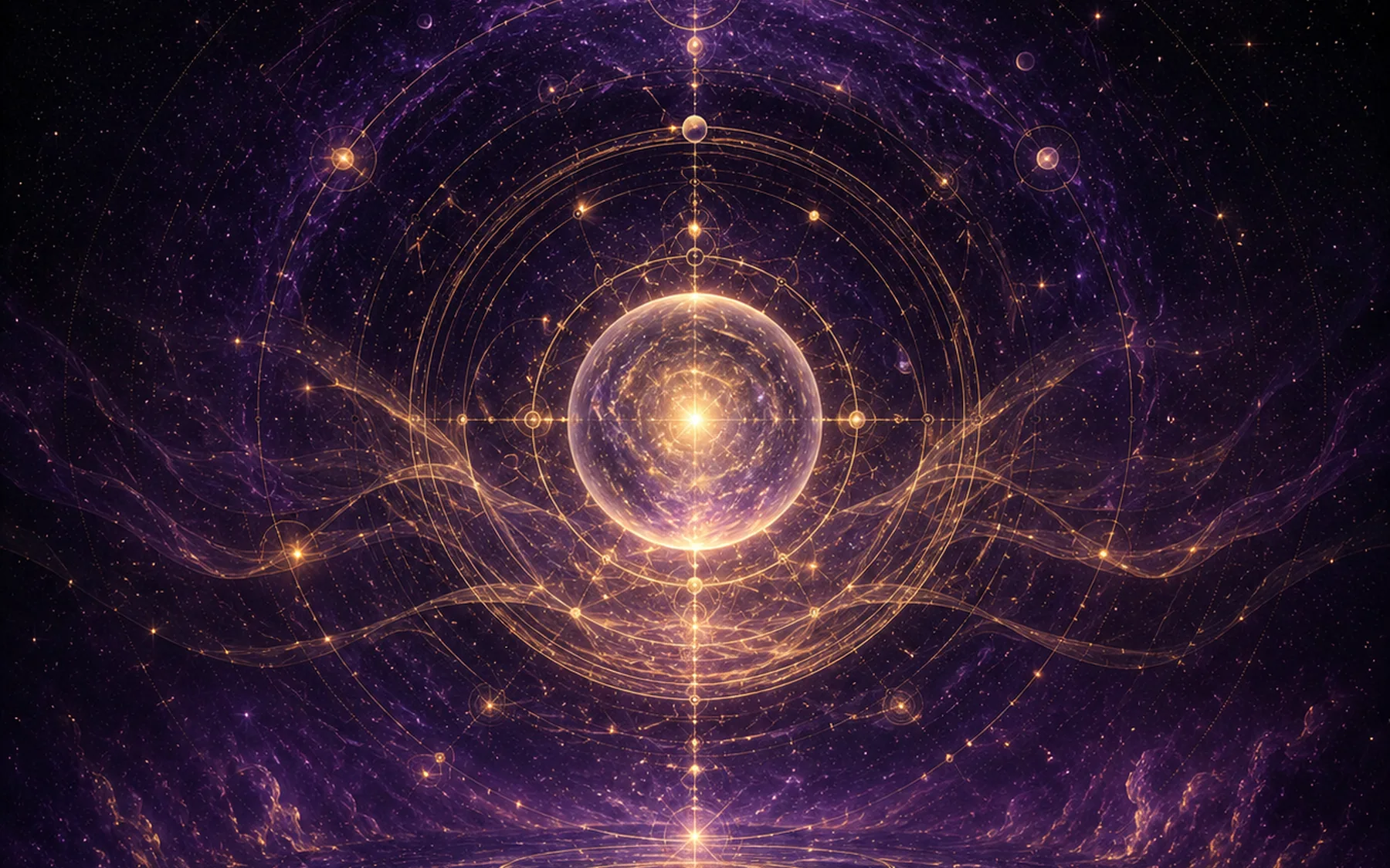 A luminous sphere suspended between flowing purple and gold forces