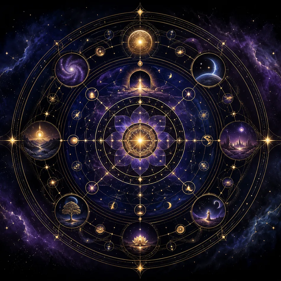 A purple and gold cosmic map arranged around a luminous center