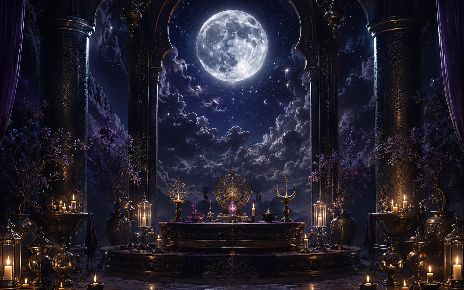 A moonlit mystical temple opening toward a vast celestial sky