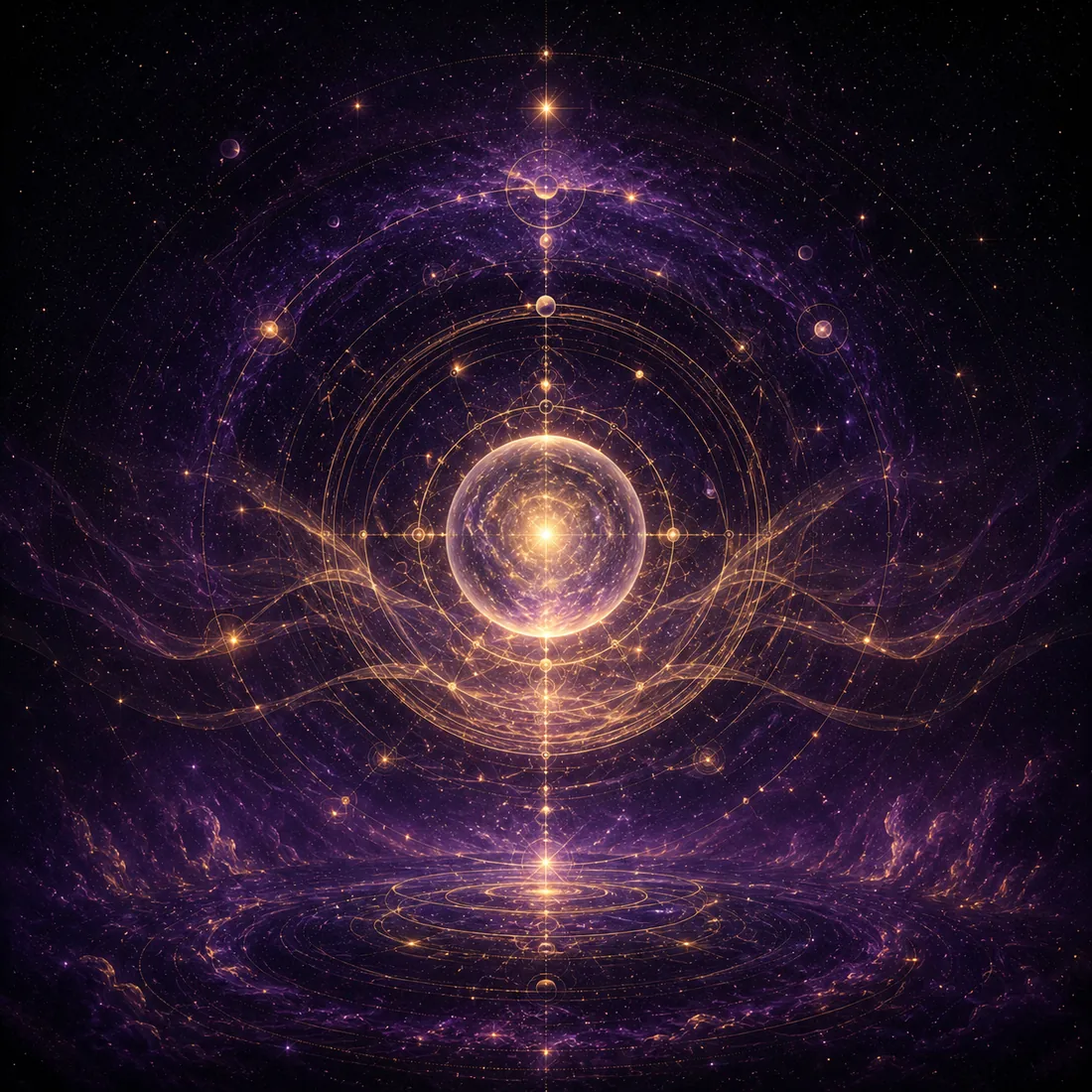 A golden celestial constellation organized around a radiant central sphere