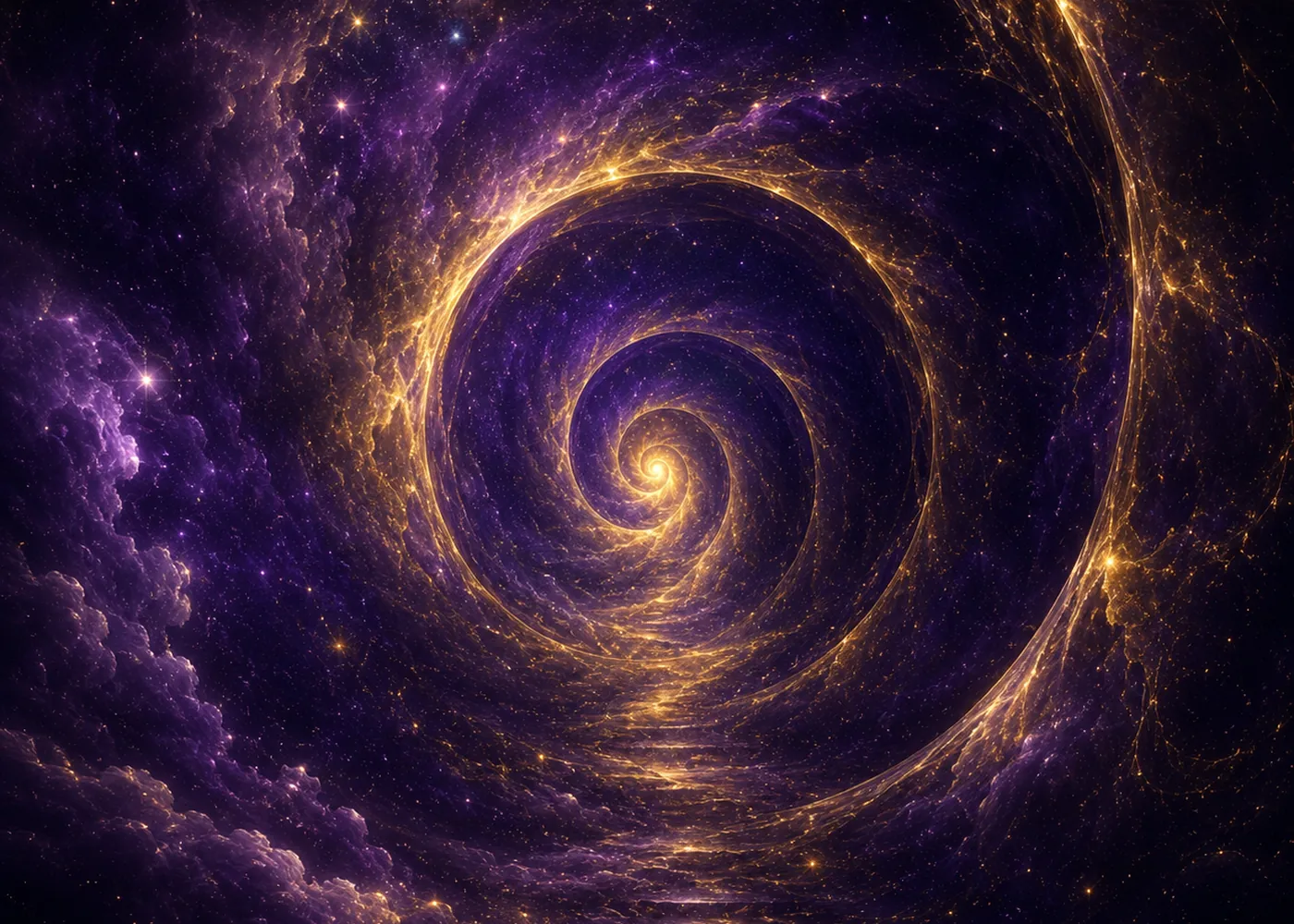A golden spiral opening through deep purple cosmic space