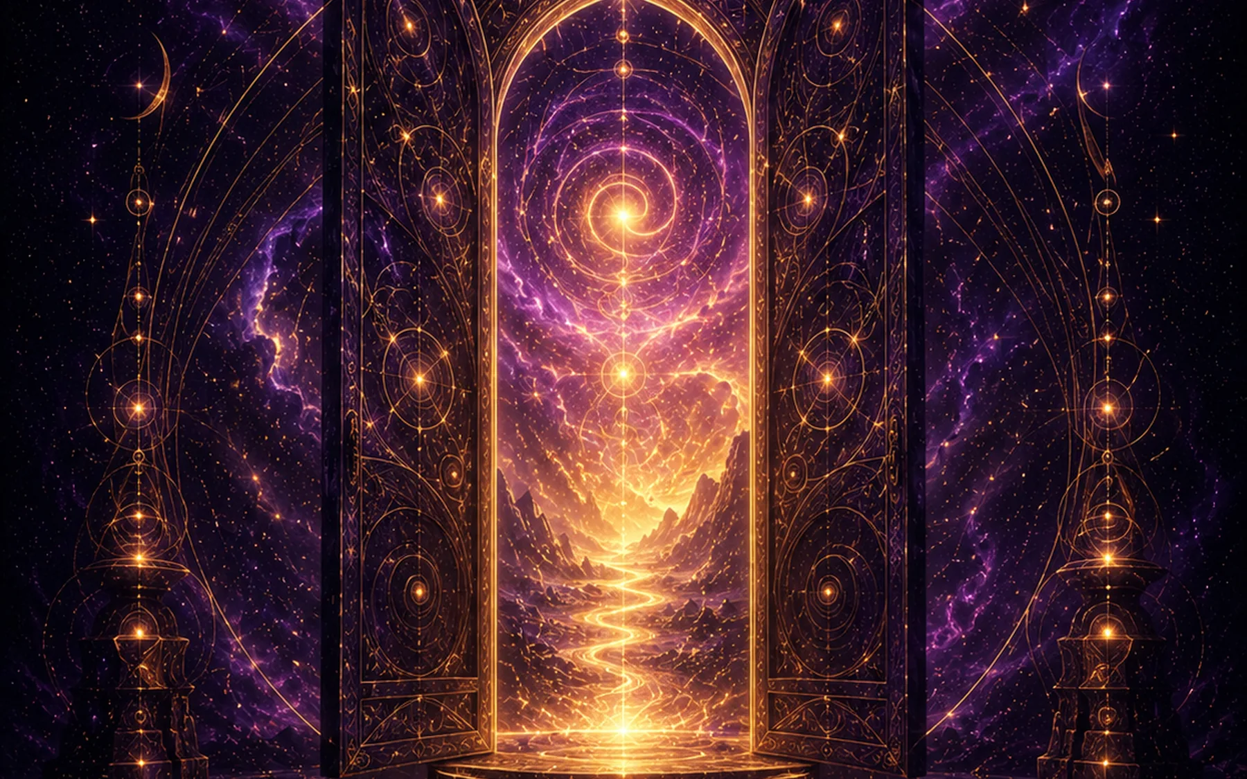 An ornate cosmic gateway opening toward golden light and a winding sacred path