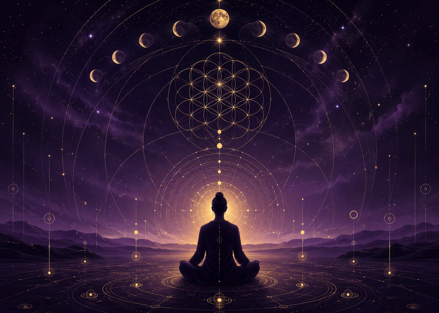 A person meditating beneath lunar cycles and golden sacred geometry
