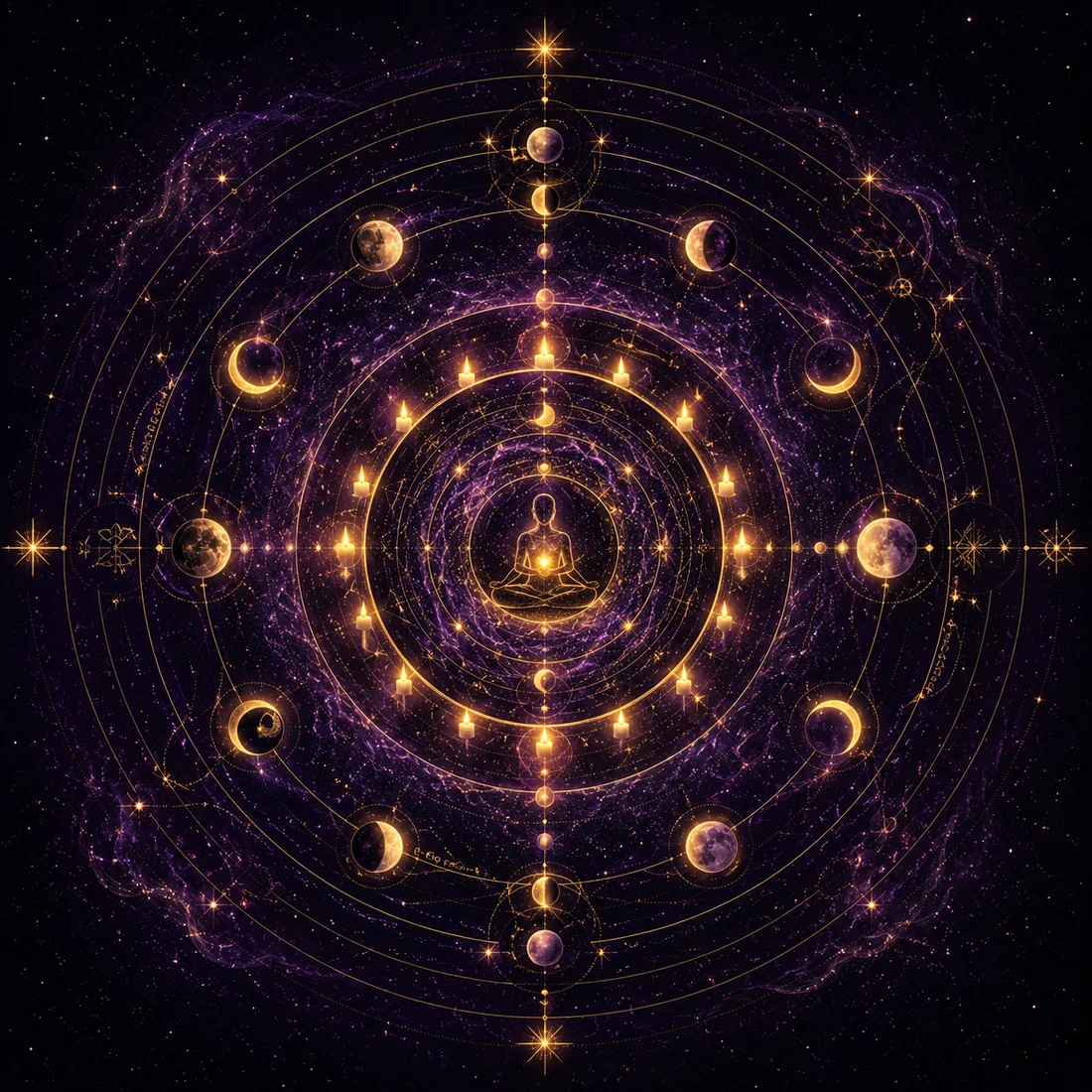 A meditating figure centered within luminous lunar cycles and sacred geometry
