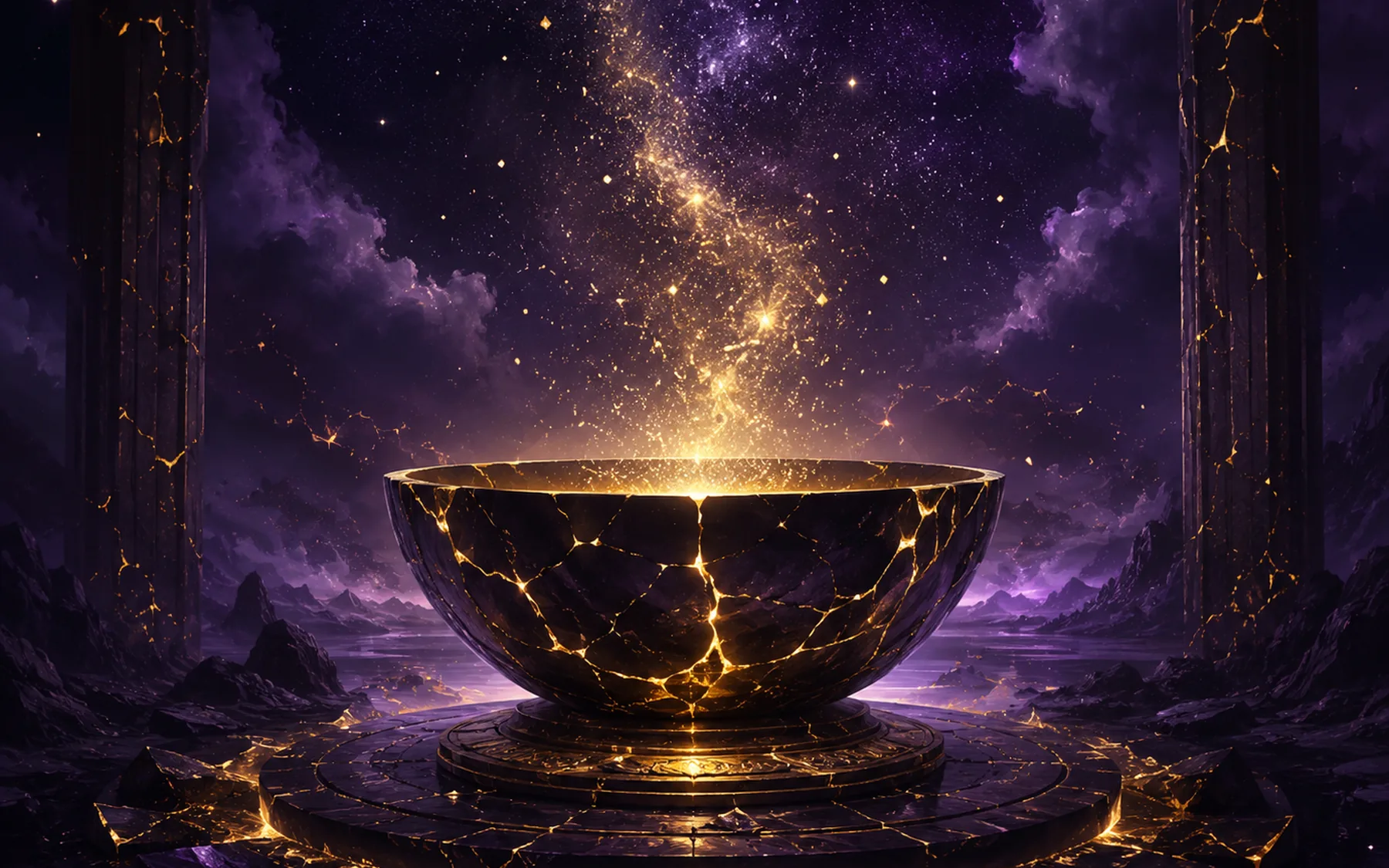 A golden ritual bowl radiating light within a purple cosmic sanctuary
