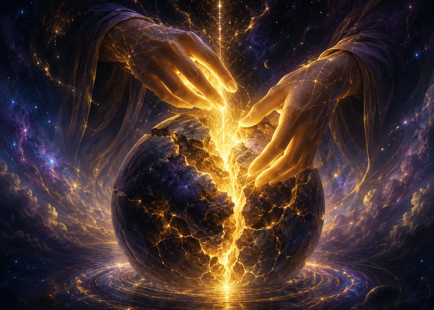 Luminous hands shaping and repairing a cracked cosmic world with golden energy