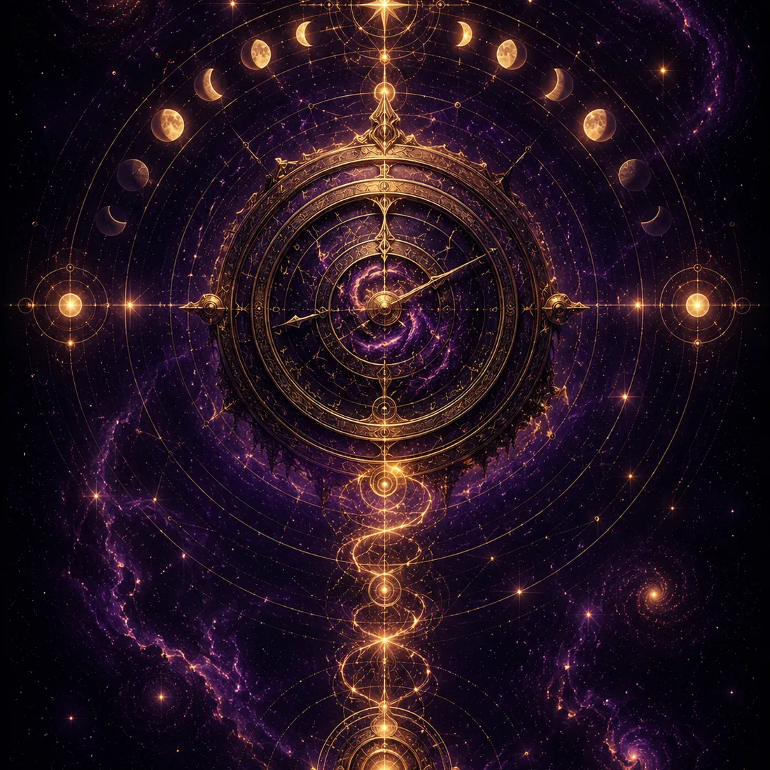 A golden cosmic clock surrounded by lunar phases and sacred geometry