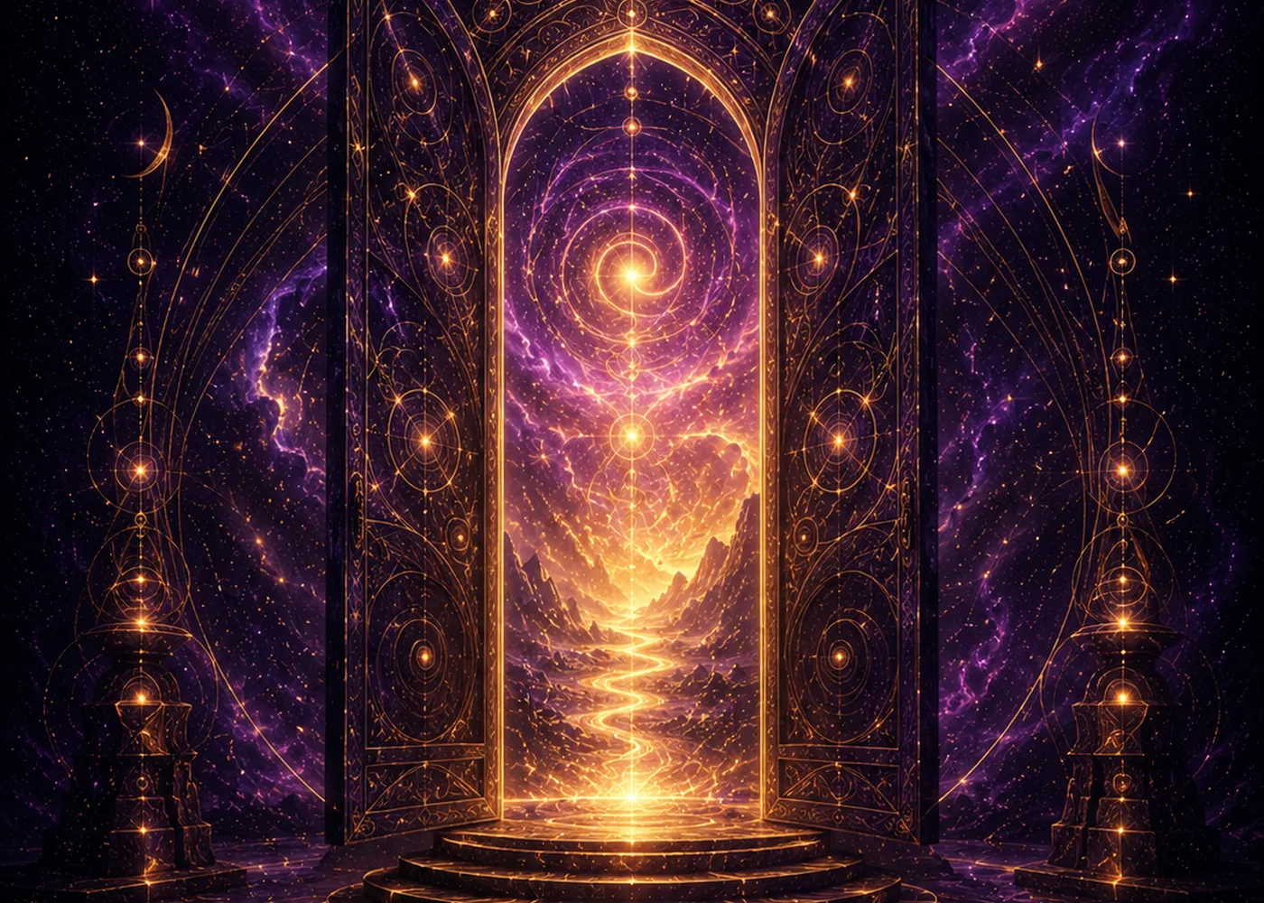 An open golden celestial gateway leading toward a luminous cosmic path