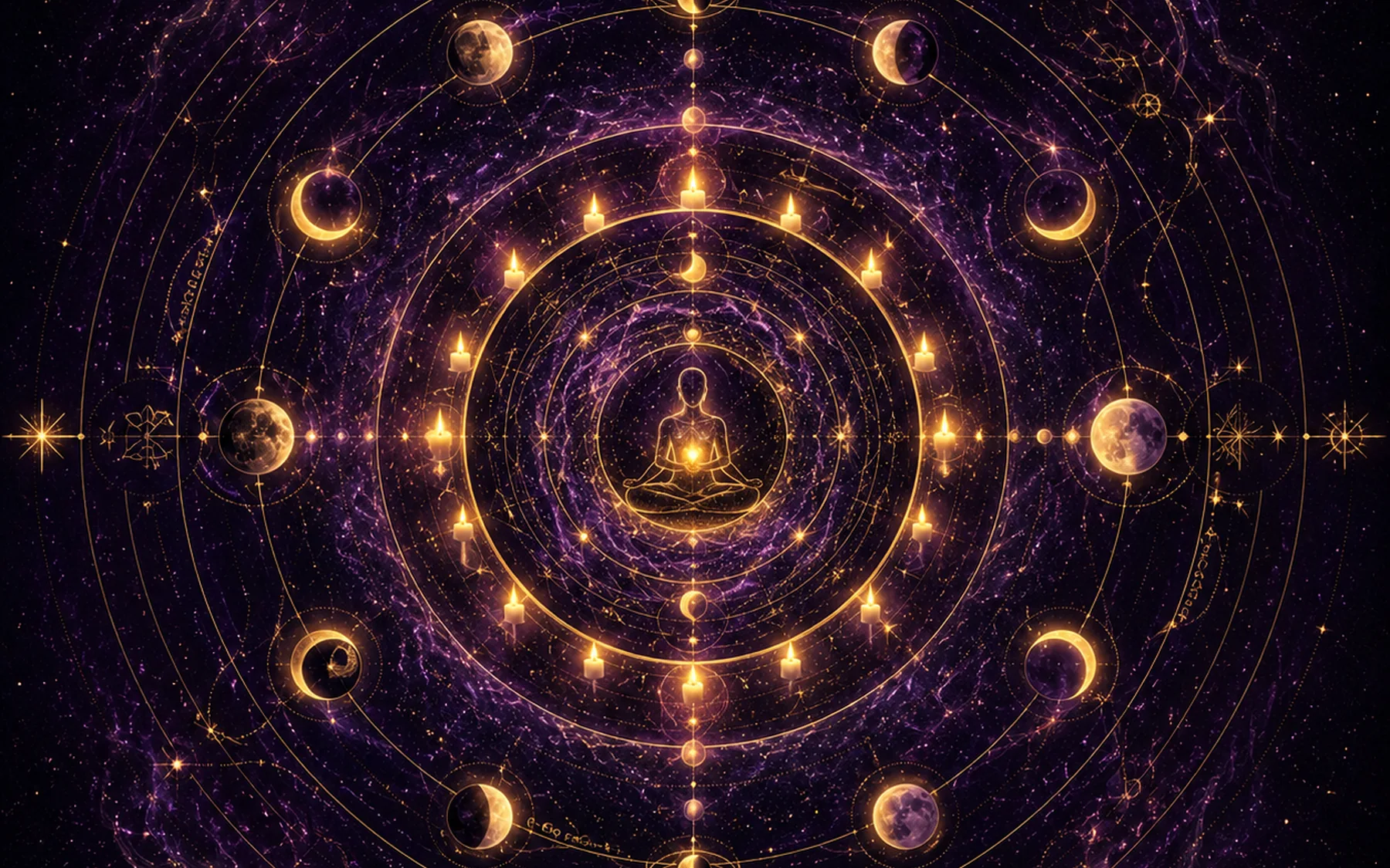 A meditating figure surrounded by candles, lunar phases, and golden cosmic circles