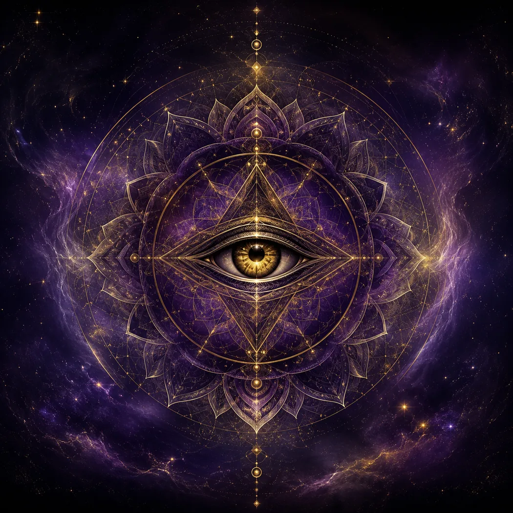 A luminous eye formed from sacred geometry within a cosmic field