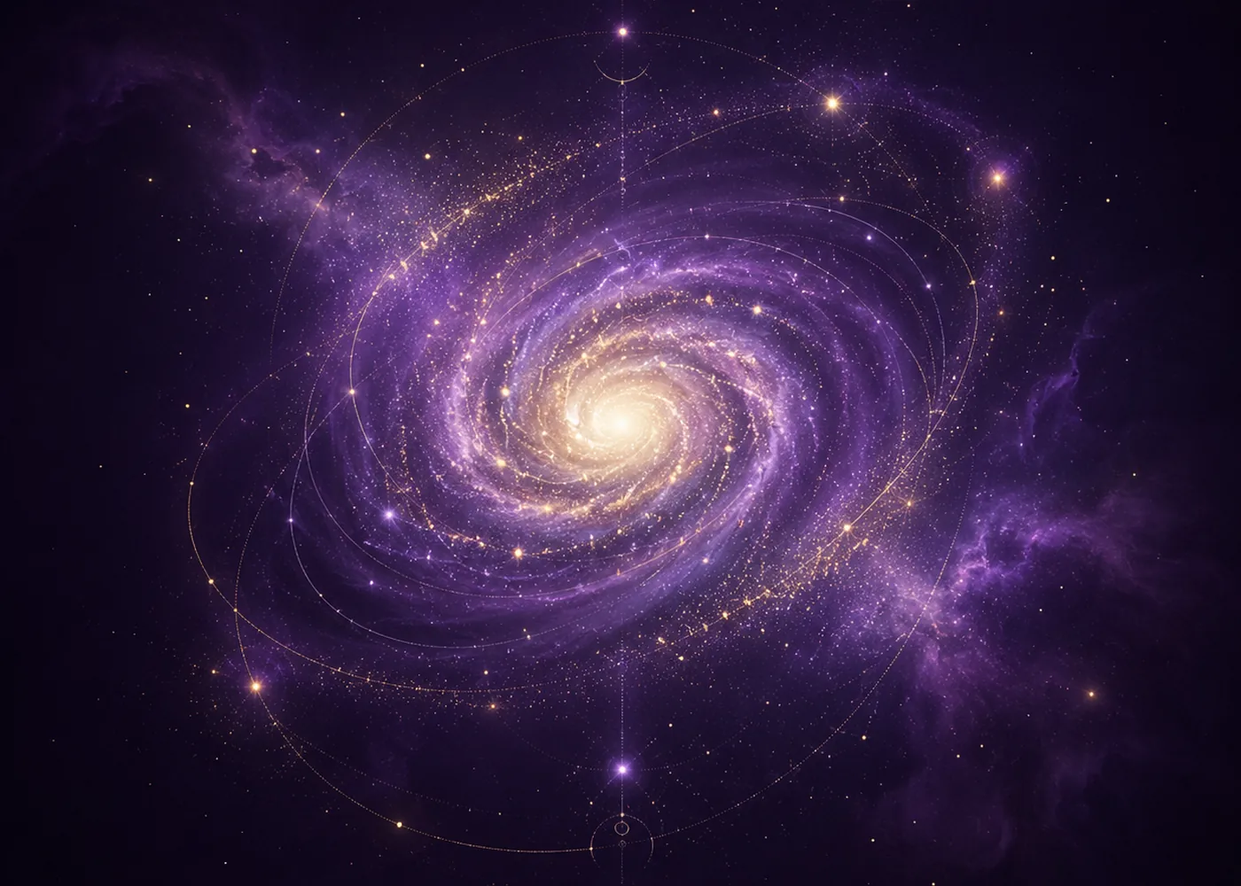 A spiral galaxy surrounded by stars and luminous celestial geometry